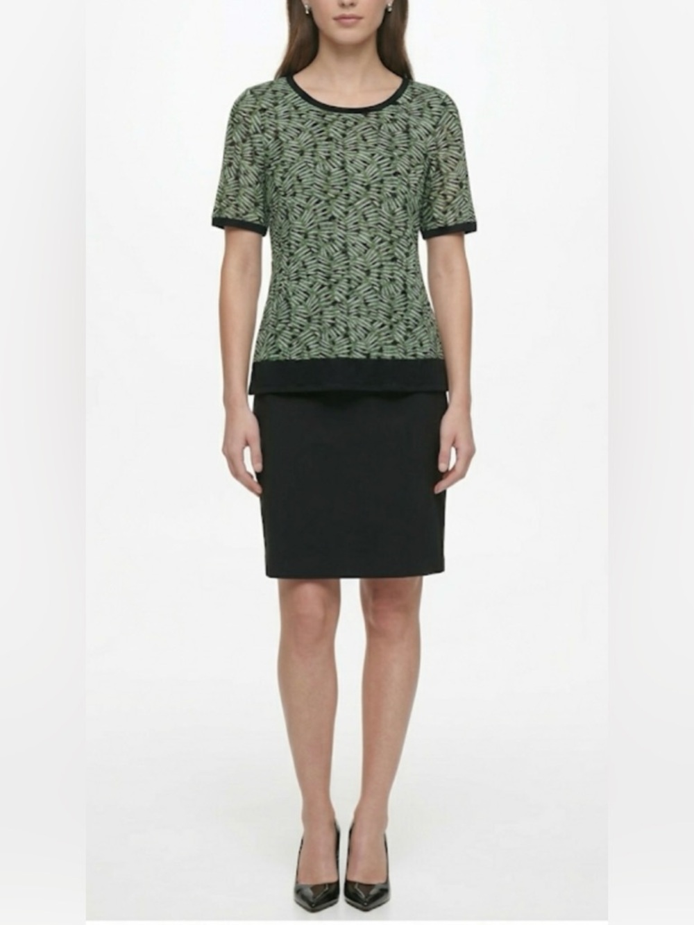 Anne Klein Green & Black Tropical Leaf Print Tunic Top - Size Medium